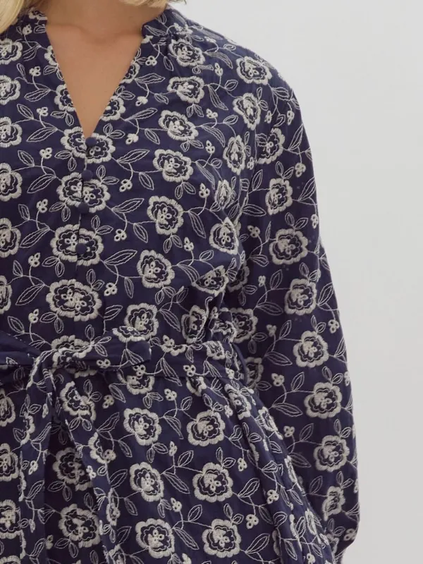 Navy & Cream Floral Tie Mini Dress