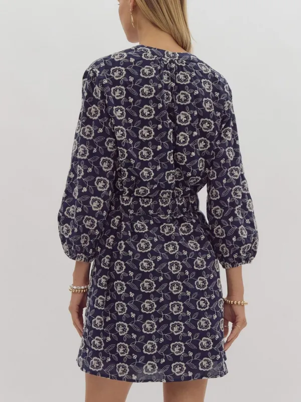 Navy & Cream Floral Tie Mini Dress