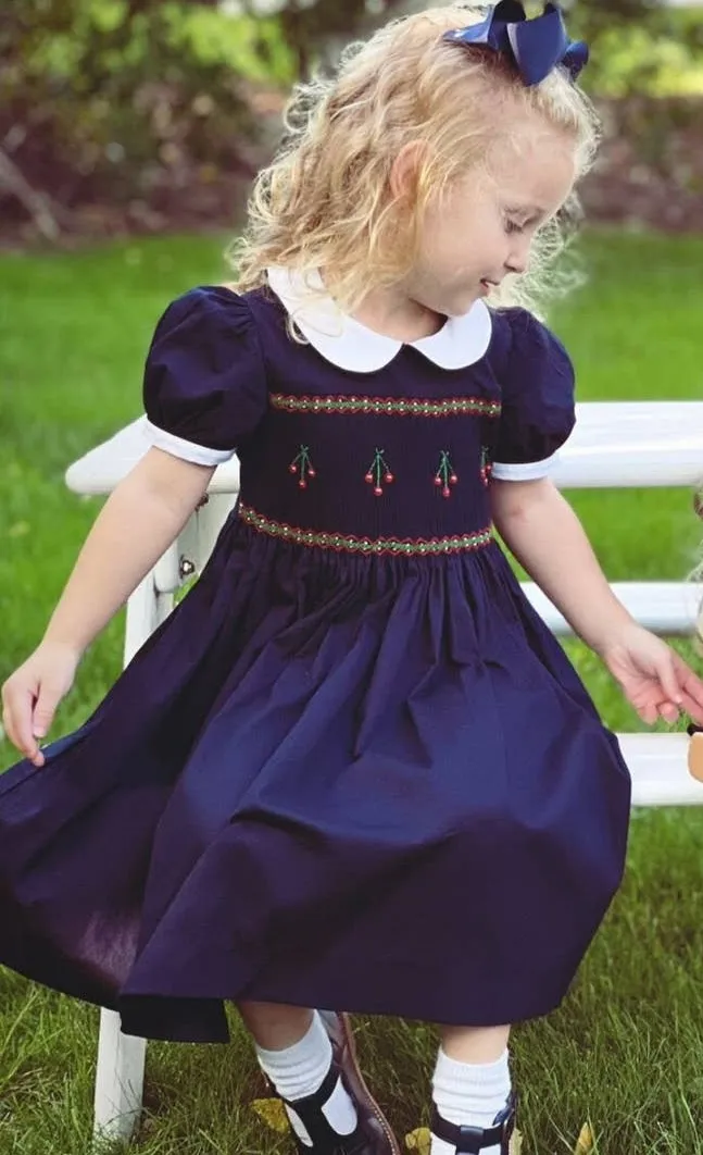 Navy Smocked Cherries Dress