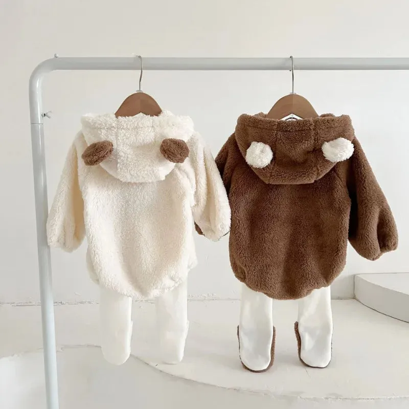 Newborn Baby Clothes Autumn Winter Hooded Cute Bear Jumpsuit Long-Sleeved Warm Plush Infant Romper Clothes Pant Set Kids Costume