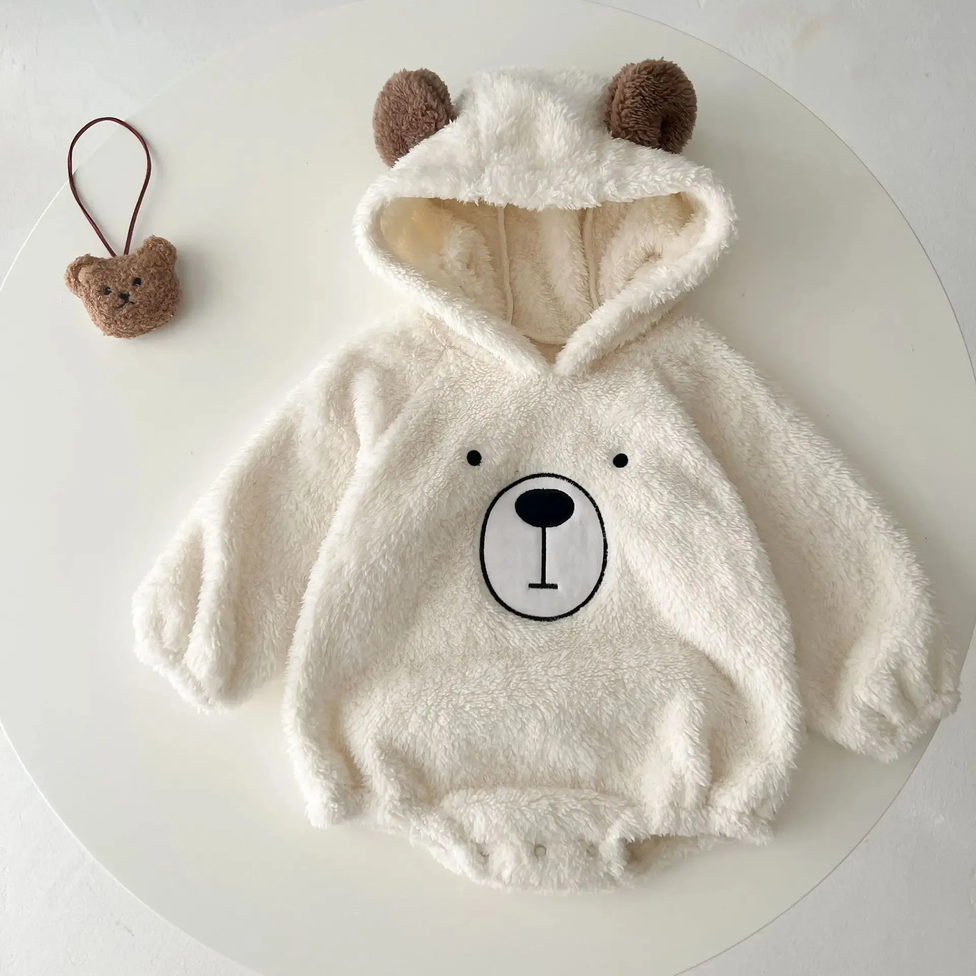 Newborn Baby Clothes Autumn Winter Hooded Cute Bear Jumpsuit Long-Sleeved Warm Plush Infant Romper Clothes Pant Set Kids Costume