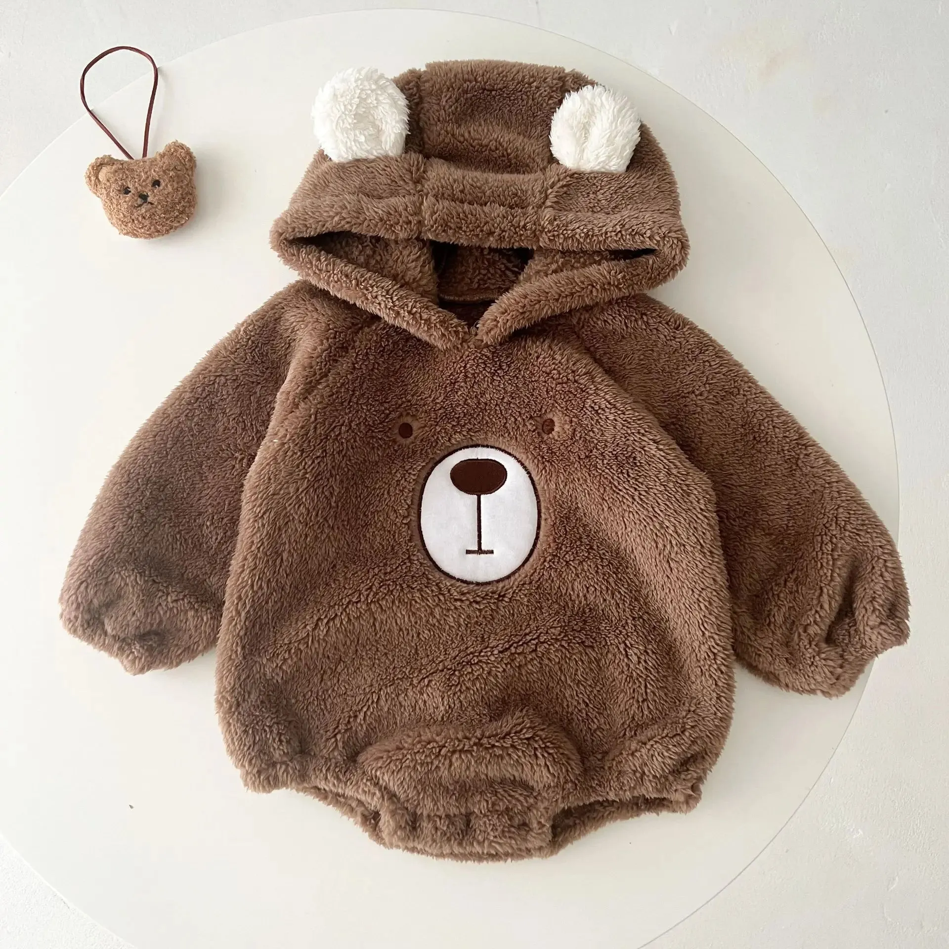 Newborn Baby Clothes Autumn Winter Hooded Cute Bear Jumpsuit Long-Sleeved Warm Plush Infant Romper Clothes Pant Set Kids Costume
