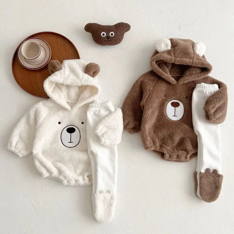 Newborn Baby Clothes Autumn Winter Hooded Cute Bear Jumpsuit Long-Sleeved Warm Plush Infant Romper Clothes Pant Set Kids Costume