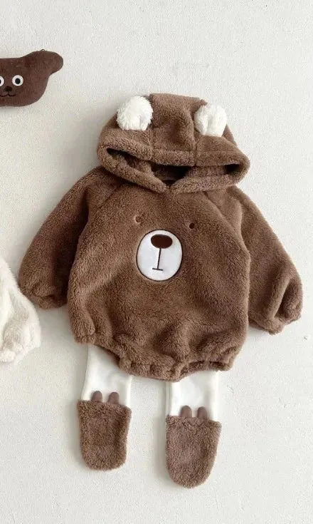 Newborn Baby Clothes Autumn Winter Hooded Cute Bear Jumpsuit Long-Sleeved Warm Plush Infant Romper Clothes Pant Set Kids Costume