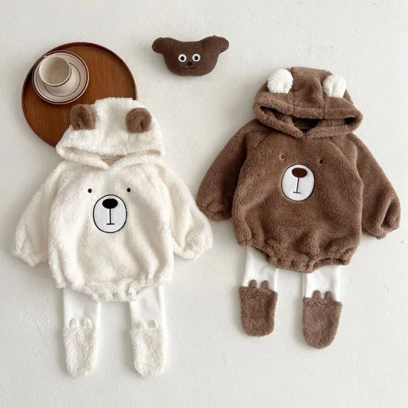 Newborn Baby Clothes Autumn Winter Hooded Cute Bear Jumpsuit Long-Sleeved Warm Plush Infant Romper Clothes Pant Set Kids Costume