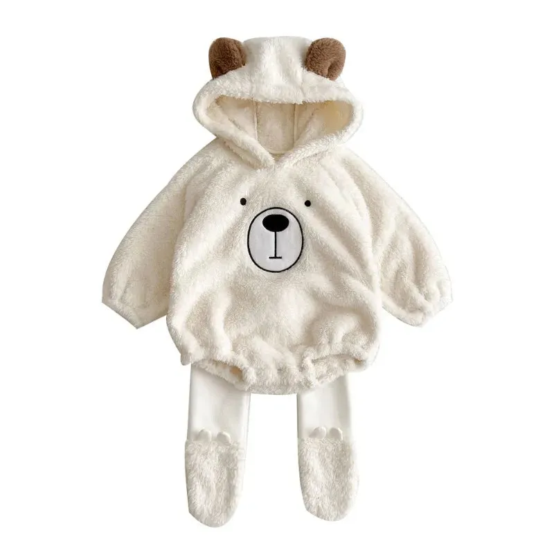 Newborn Baby Clothes Autumn Winter Hooded Cute Bear Jumpsuit Long-Sleeved Warm Plush Infant Romper Clothes Pant Set Kids Costume