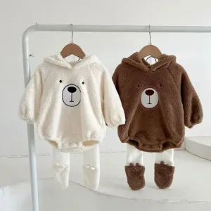 Newborn Baby Clothes Autumn Winter Hooded Cute Bear Jumpsuit Long-Sleeved Warm Plush Infant Romper Clothes Pant Set Kids Costume