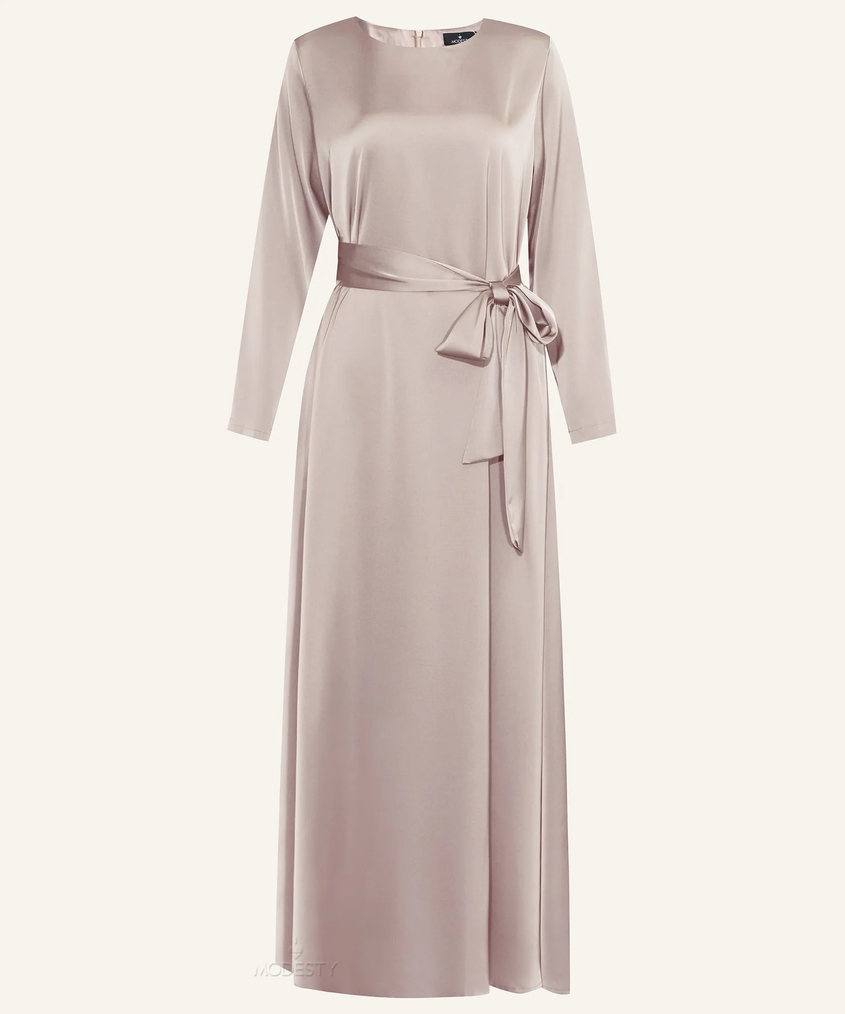 Nude Classic A-line Satin Long Sleeve Maxi Dress