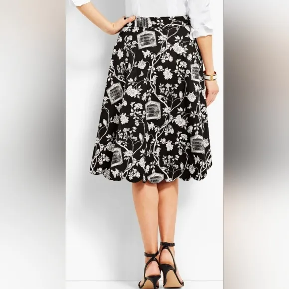 NWT Talbots Black &amp; White Bird Cage Floral Skirt Scallop Hem Size 14 Lined
