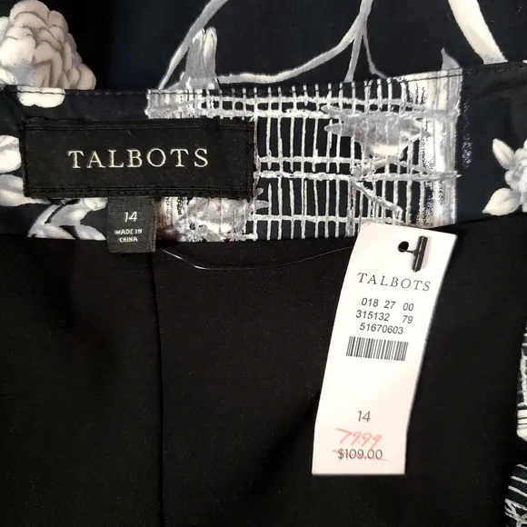 NWT Talbots Black &amp; White Bird Cage Floral Skirt Scallop Hem Size 14 Lined