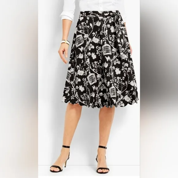 NWT Talbots Black &amp; White Bird Cage Floral Skirt Scallop Hem Size 14 Lined