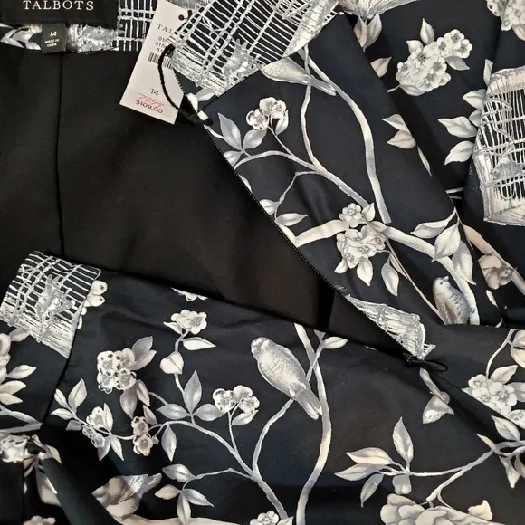 NWT Talbots Black &amp; White Bird Cage Floral Skirt Scallop Hem Size 14 Lined