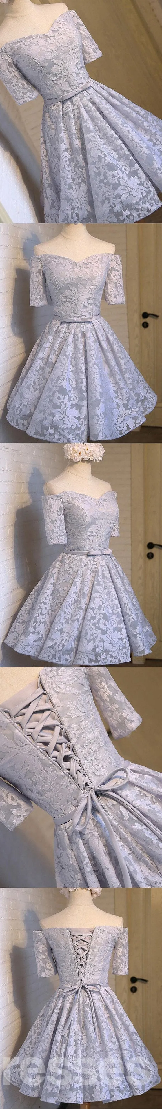Off Shoulder Short Sleeve Gray Lace Cute Homecoming Prom Dresses, Affordable Short Party Prom Dresses, Perfect Homecoming Dresses, CM304