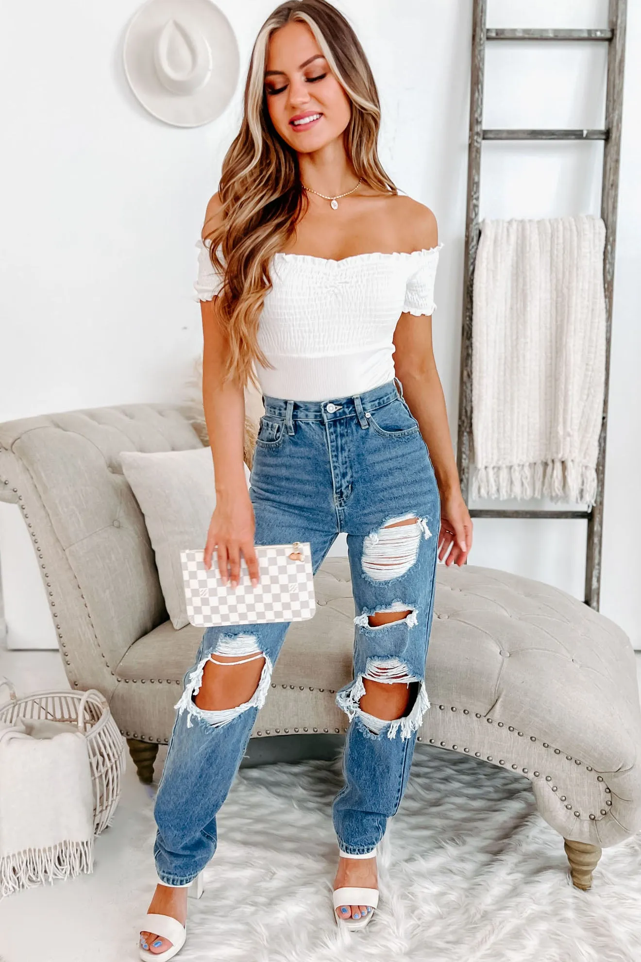 On The Way Smocked Off The Shoulder Bodysuit (Ivory)