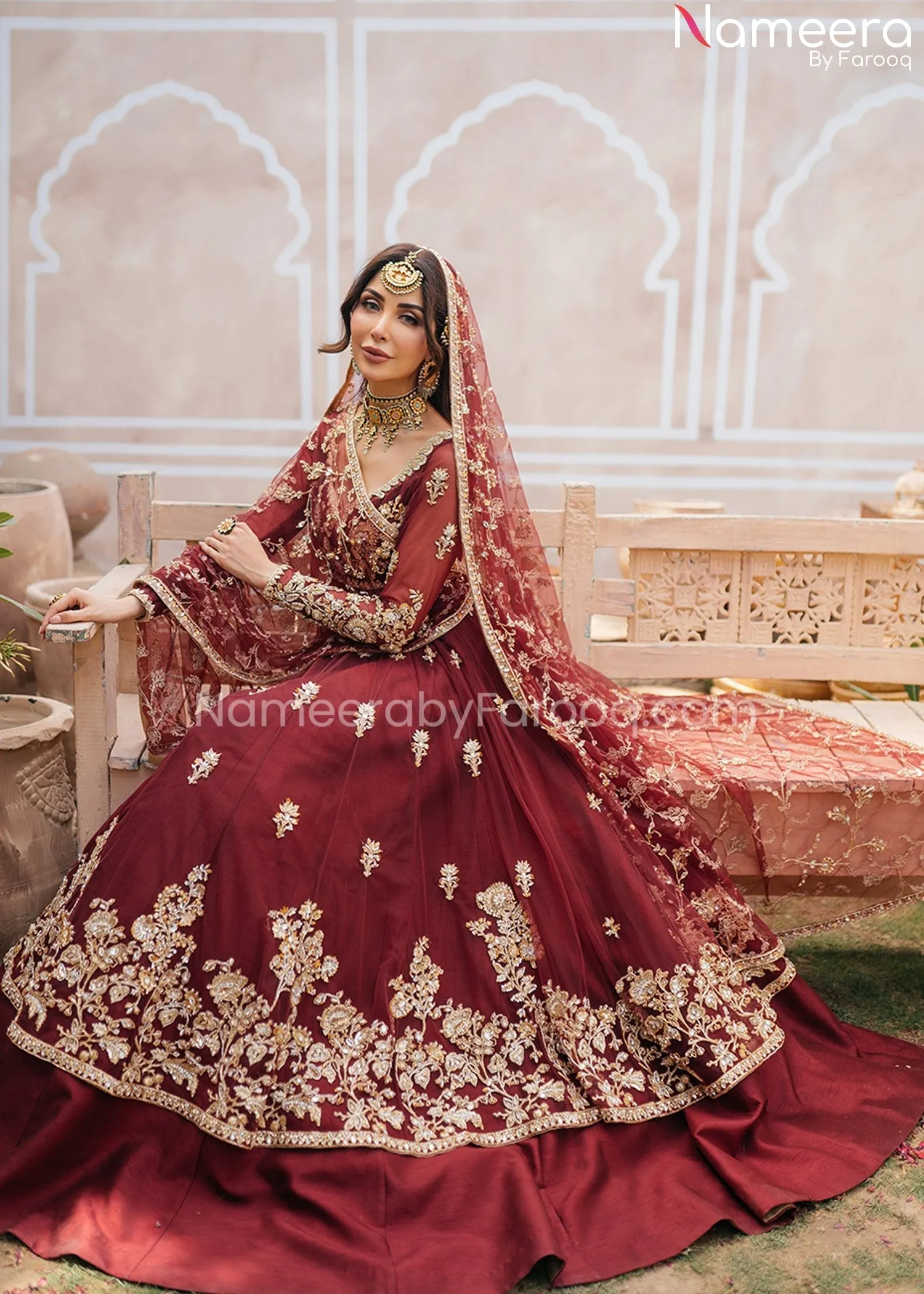 Pakistani Bridal Pishwas in Classic Burgundy #BS512