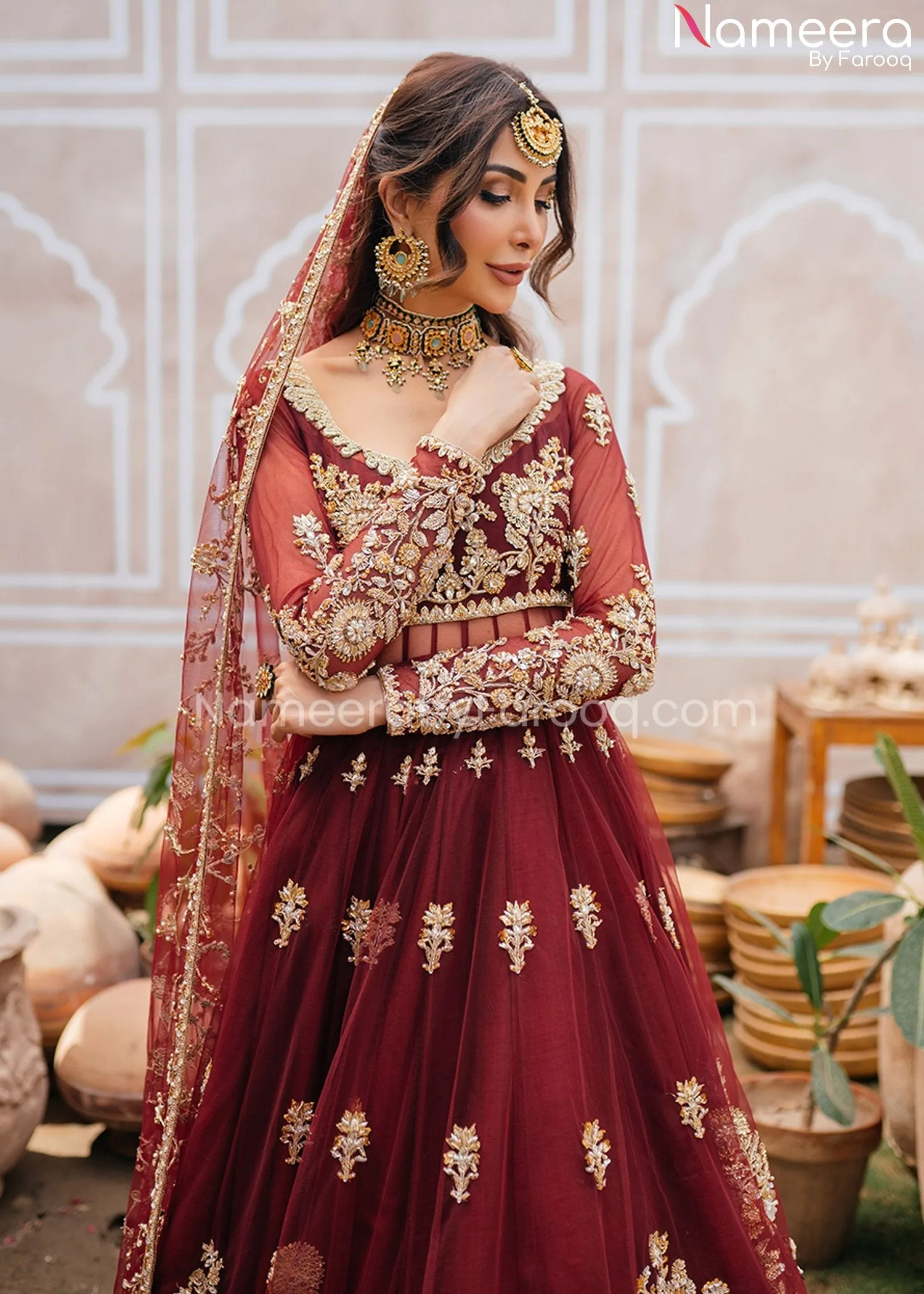 Pakistani Bridal Pishwas in Classic Burgundy #BS512