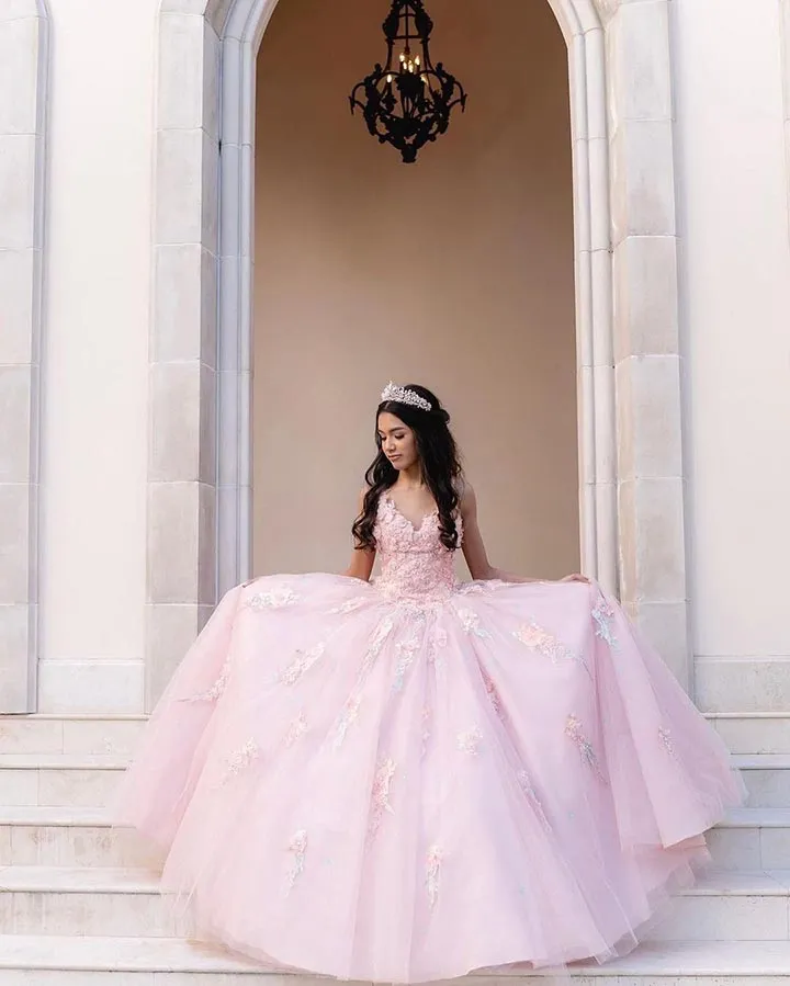 Pink Quinceanera Dress Floral Embroidery 3D Lace Appliques Tulle Ball Gowns Sweet 16 vestidos de quinceañera AW2207211