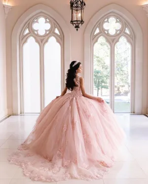 Pink Quinceanera Dress Floral Embroidery 3D Lace Appliques Tulle Ball Gowns Sweet 16 vestidos de quinceañera AW2207211