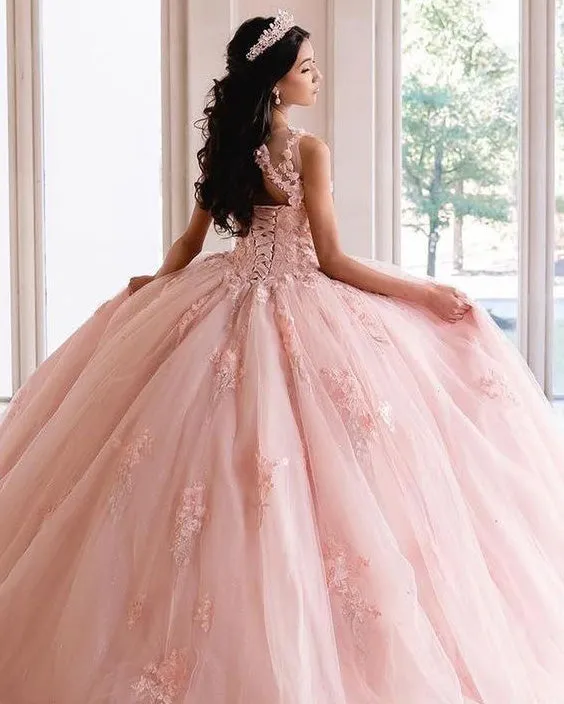 Pink Quinceanera Dress Floral Embroidery 3D Lace Appliques Tulle Ball Gowns Sweet 16 vestidos de quinceañera AW2207211