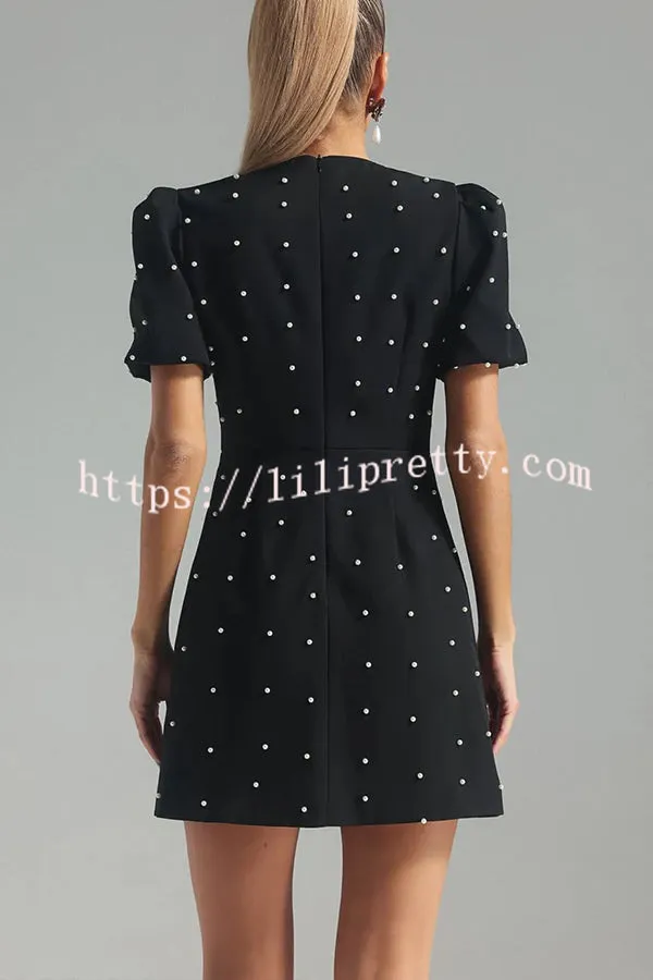 Playful and Cute Center Front Hollow Out Pendant Detail Puff Sleeve Mini Dress
