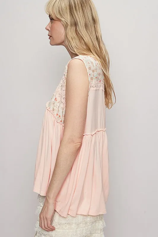 POL Lace Detail Frill Floral V-Neck Sleeveless Top