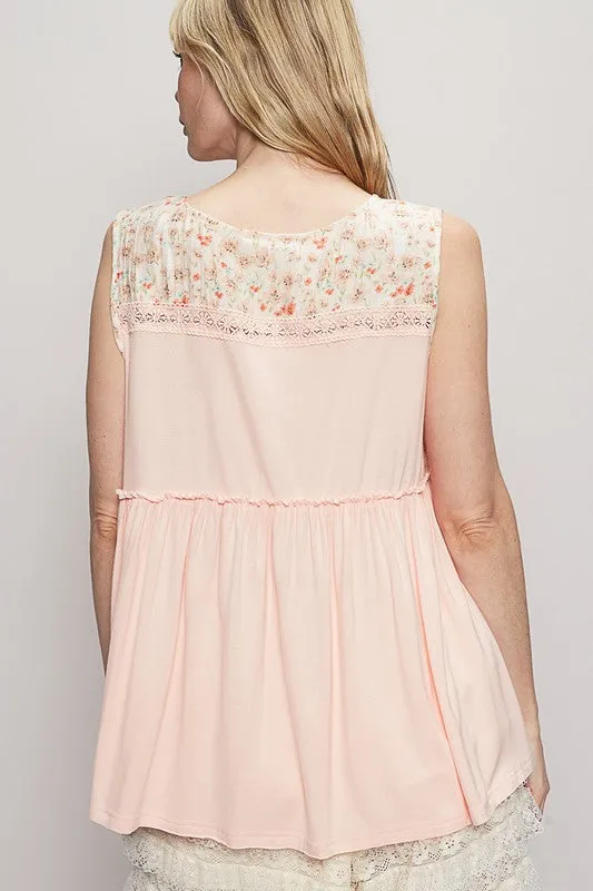 POL Lace Detail Frill Floral V-Neck Sleeveless Top