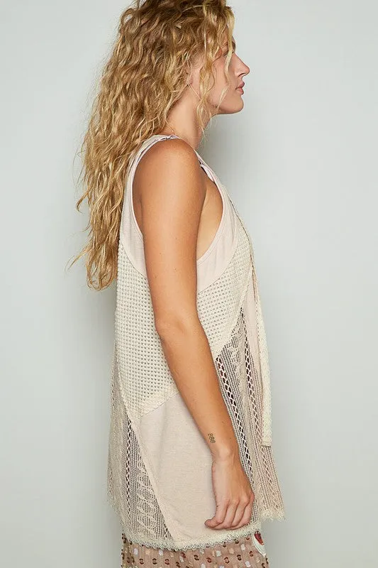 POL Lace Up Crochet Lace Tank