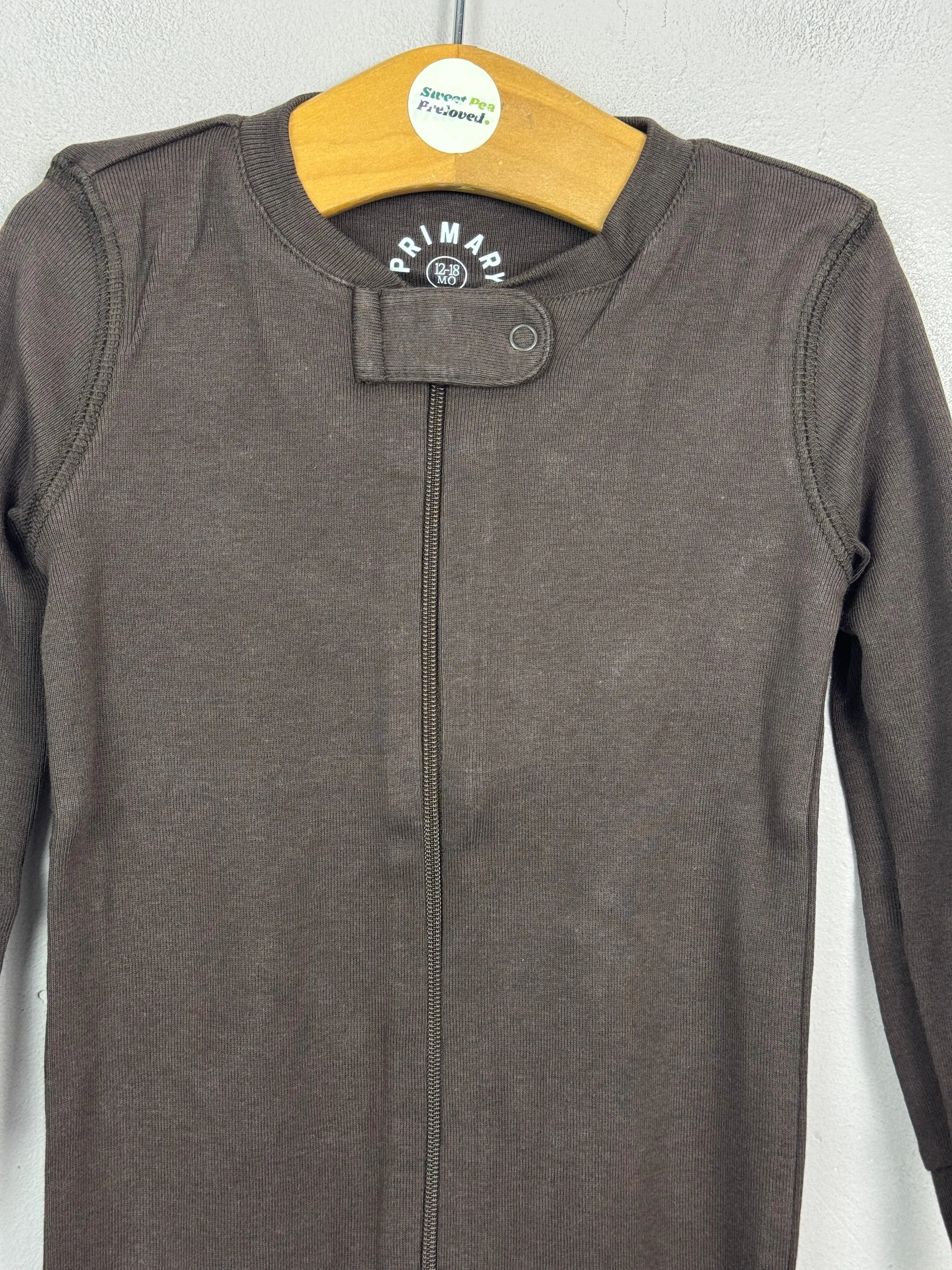 Primary Organic Sleepsuit - Plain dye Chocolate (New) 0-3m, 6-9m, 18-24m