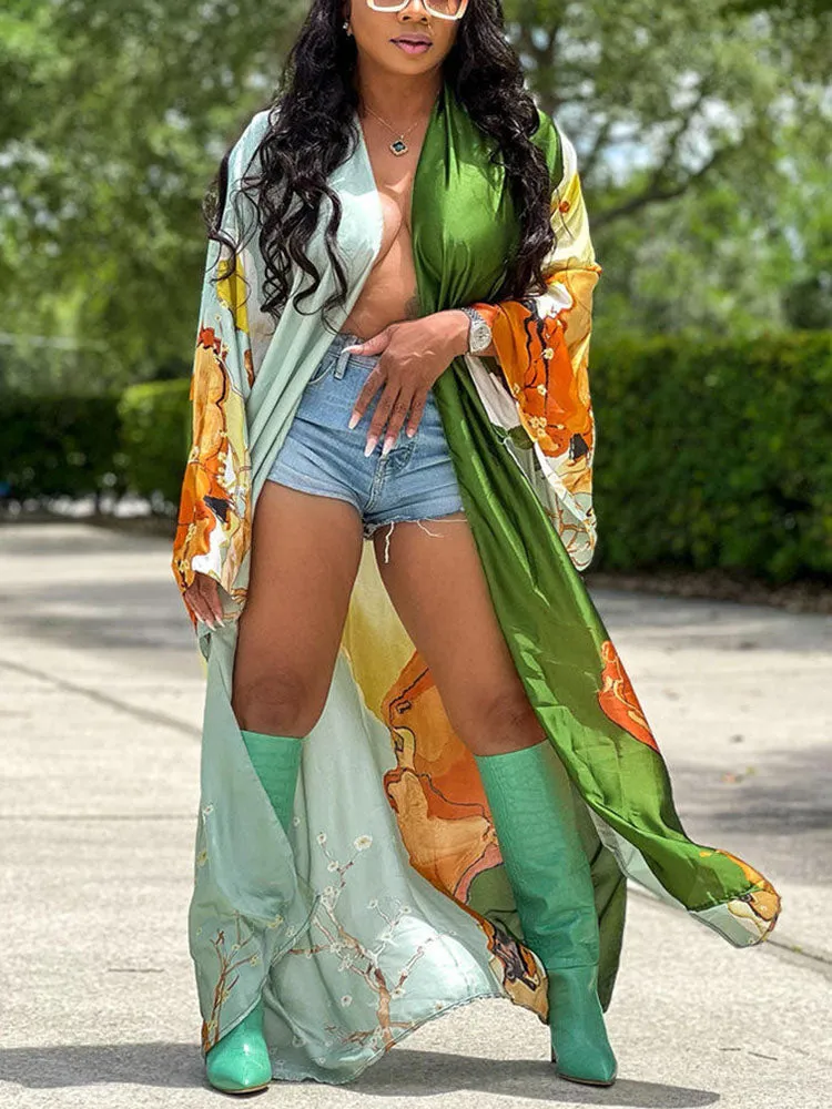 Printed Open Front Shawl Cardigan