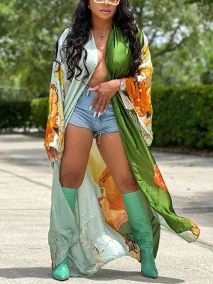 Printed Open Front Shawl Cardigan
