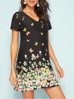 Printed Pansy V-neck Short Sleeve Loose Dress