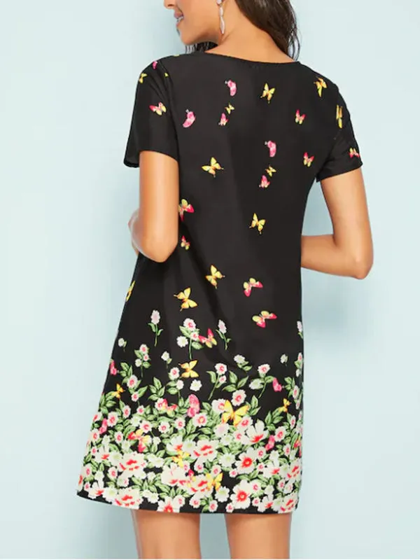 Printed Pansy V-neck Short Sleeve Loose Dress