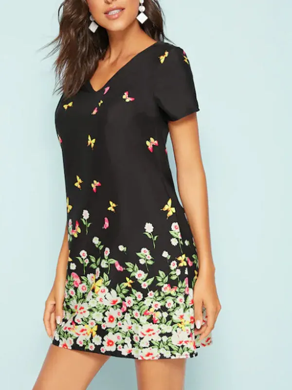 Printed Pansy V-neck Short Sleeve Loose Dress