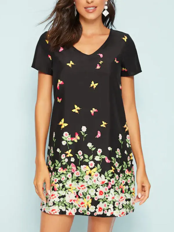 Printed Pansy V-neck Short Sleeve Loose Dress