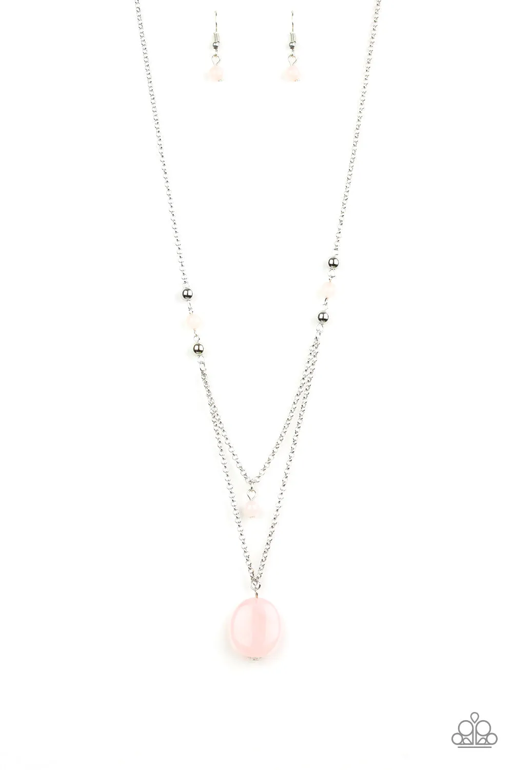 "Time To Hit The Roam" Silver Metal Pink Milky Stone Multi Layered Necklace Set