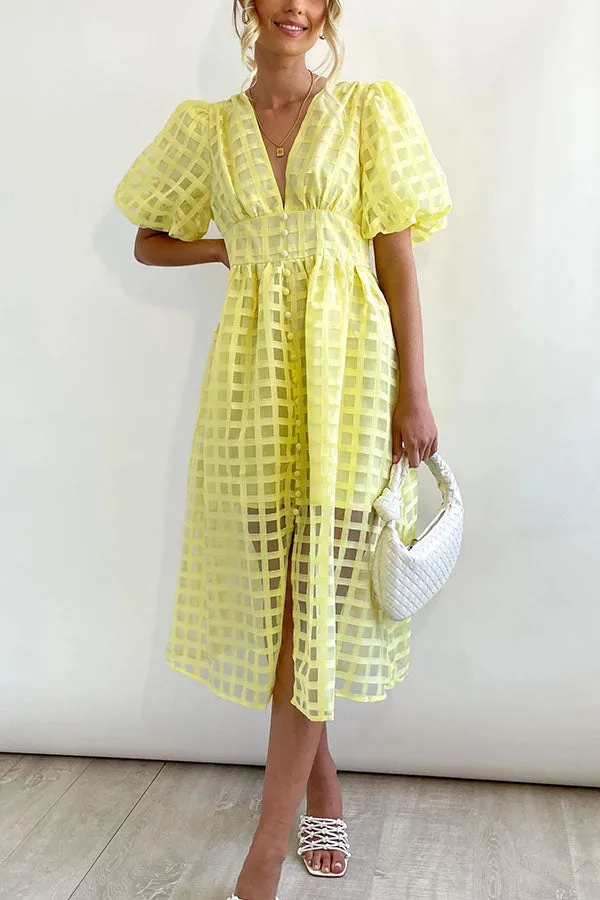 Remarkable Beauty Square Patterned Fabric Puff Sleeve Midi Dress