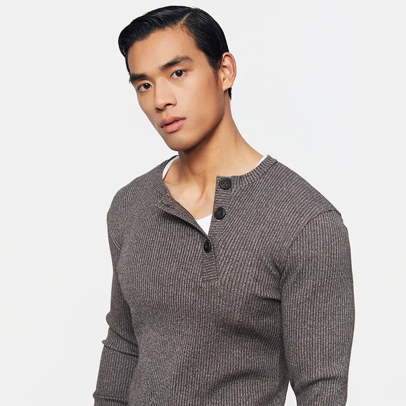 Ribbed Henley Knit Sweater