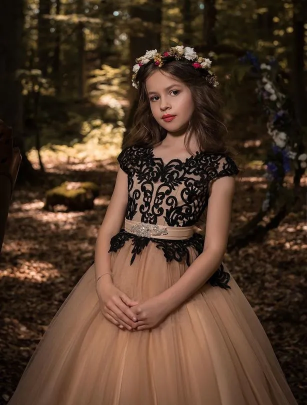 Riga - Long Flower Girl Dress with Black Lace