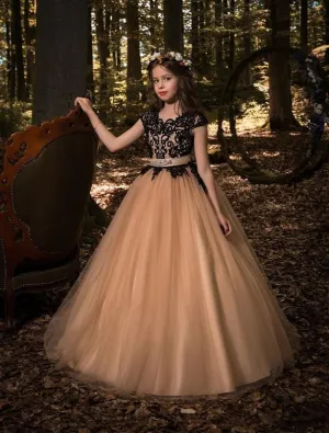 Riga - Long Flower Girl Dress with Black Lace