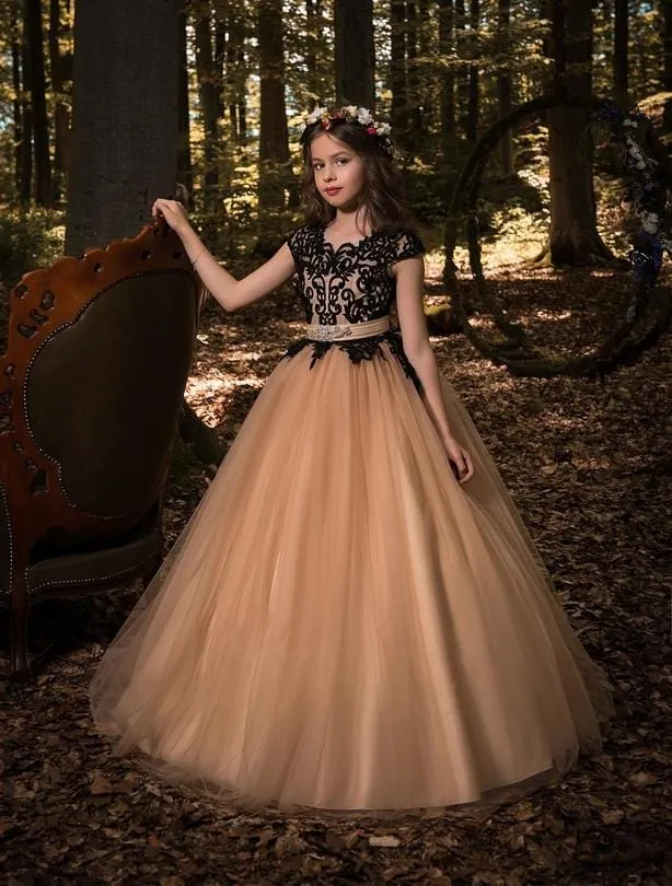 Riga - Long Flower Girl Dress with Black Lace