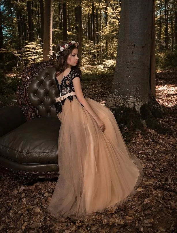 Riga - Long Flower Girl Dress with Black Lace
