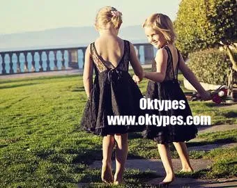 Round Neck Illusion Black Lace Cute V-back Flower Girl Dresses, TYP0849