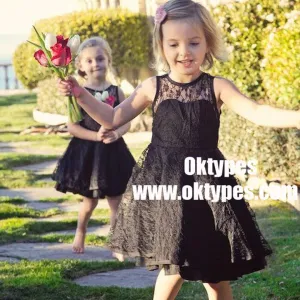 Round Neck Illusion Black Lace Cute V-back Flower Girl Dresses, TYP0849
