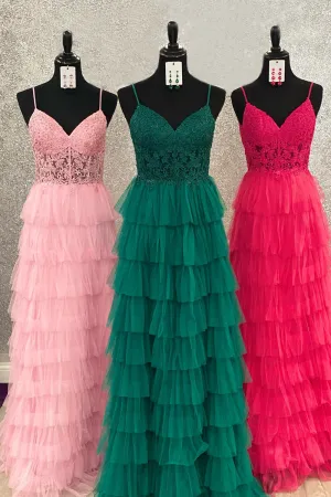 Roycebridal Aubree |Dark Green A-Line Tiered Tulle Long Prom Dress with Lace