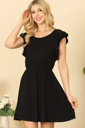 RUFFLE SLEEVE ROUND NECK CINCH WAIST SOLID MINI DRESS