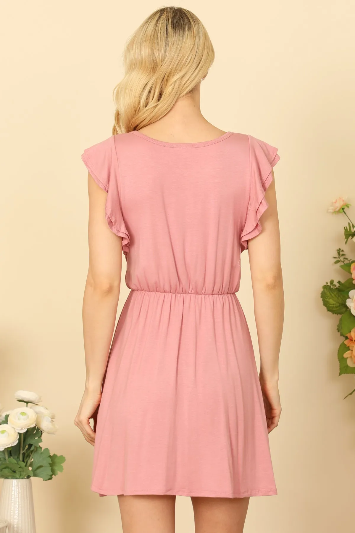 RUFFLE SLEEVE ROUND NECK CINCH WAIST SOLID MINI DRESS