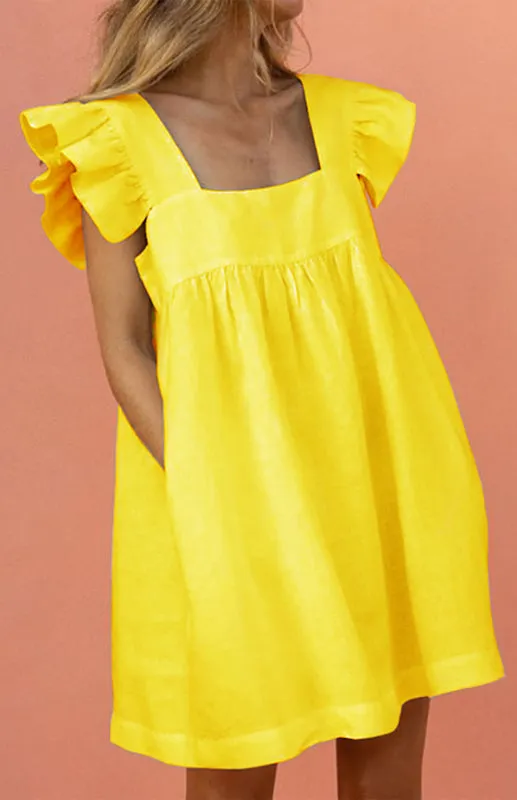Ruffled Sleeve Vest Dress with Square Neckline and Loose Fit