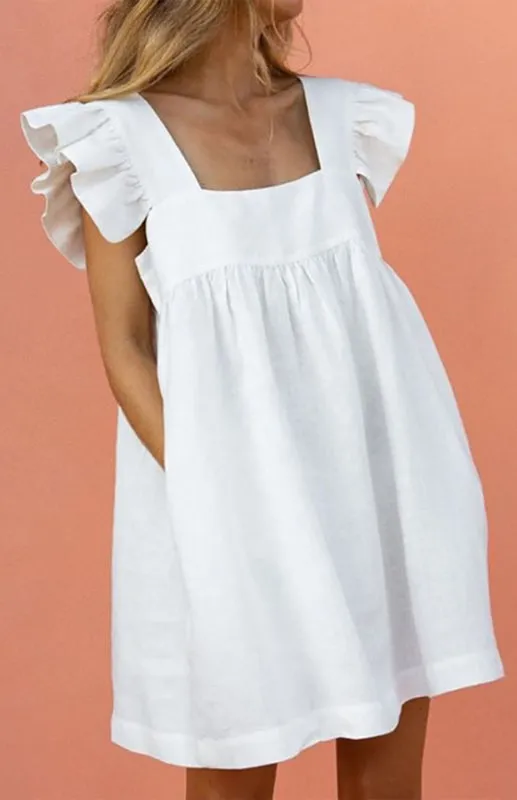 Ruffled Sleeve Vest Dress with Square Neckline and Loose Fit