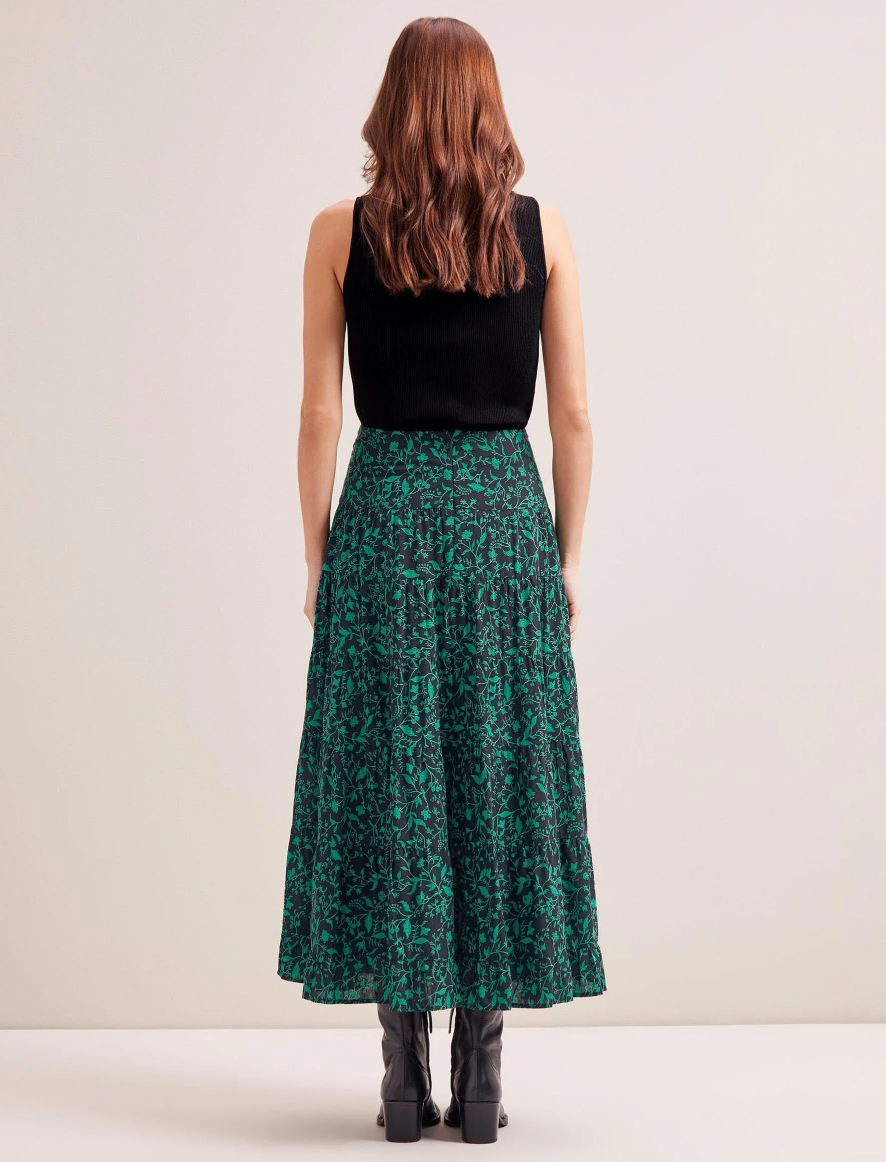 Sawyer Cotton Maxi Skirt - Green Bramble Print