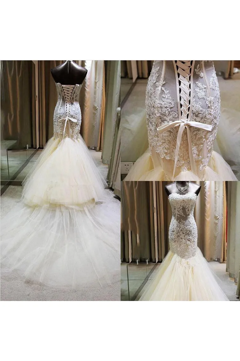 Sexy Sweetheart Lace Appliques Mermaid Wedding Dresses 2016 Tulle Floor Length-710899